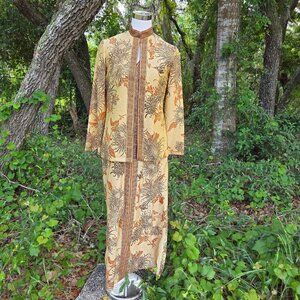 VINTAGE 1960s ALFRED SHAHEEN 2 PIECE JACKET MAXI GOLD HAWAIIAN DRESS Size‎ 10